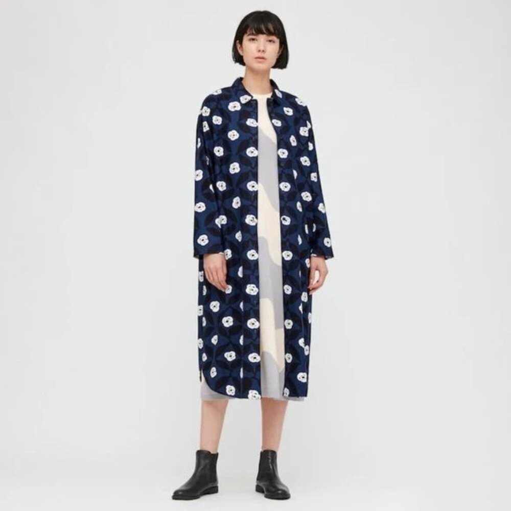 Uniqlo x Marimekko Flannel Long Sleeve Dress Blue Floral